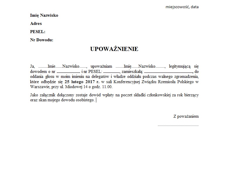 Upowaznienie wzór ZKwP